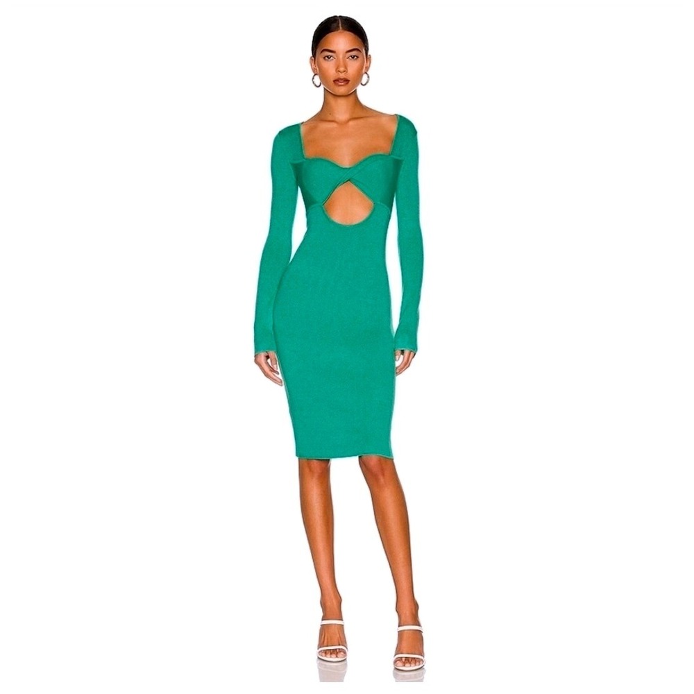 LE SUPERBE Green Ribbed Twist Front Cutout Long Sleeve Midi‎ Dress